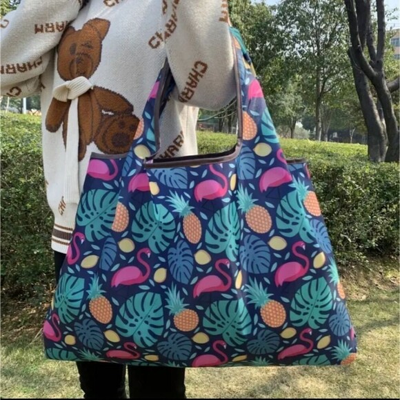 TROPICAL Palm leaf foldable Flamingo tote bag pineapple design - Picture 1 of 2